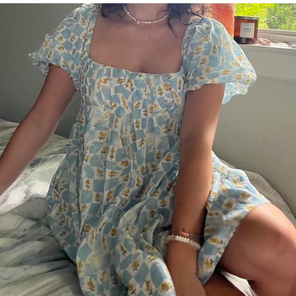 Printed marina mini dress, free people rose puff sleeve blue mini dress